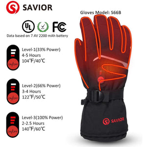 Savior Heat S66B heated glove showing three temperature settings and battery life duration