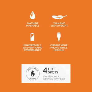30Seven heated garment features including machine washable, lightweight, powerbank compatibility, and four heat zones