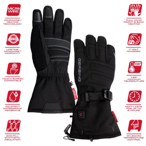 Gerbing black heated gloves with feature icons detailing heating technology and specifications