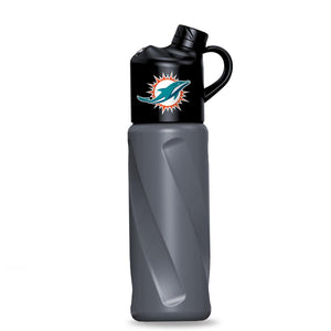 Grey water bottle with black lid and Miami Dolphins logo