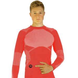 Man wearing a red Glovii heated long sleeve base layer shirt with a power button on the front