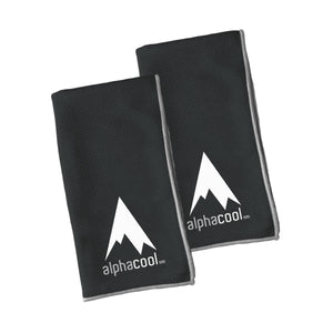 Two black Alphacool microfiber cleaning cloths with white logo