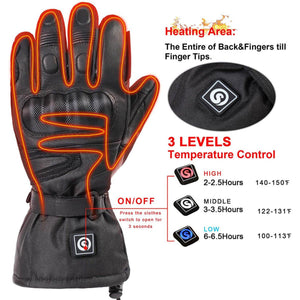 Heated glove showing heating zones and three temperature control settings with battery life and heat range details
