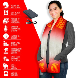 ActionHeat scarf with neck and pocket heating features and power bank specifications