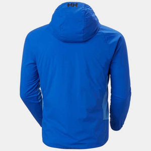 Back view of a blue Helly Hansen hooded jacket
