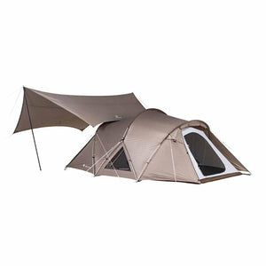 Snow Peak brown tunnel tent with attached canopy