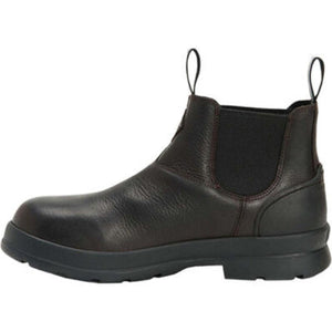 Muck brown leather Chelsea boot with black rubber sole and pull tabs