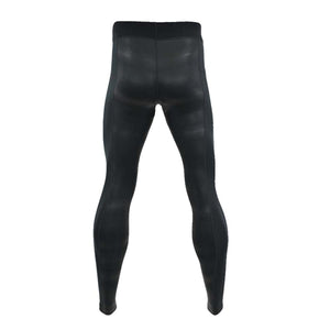 Back view of black compression leggings with a subtle herringbone pattern