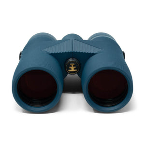 Blue binoculars with central focus knob and gold logo