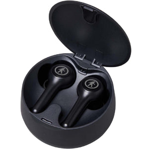 Black wireless earbuds in an open circular charging case with Bigfoot logo