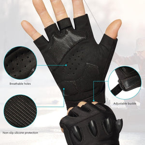 Black fingerless sports gloves with breathable holes, non-slip silicone padding, and adjustable wrist buckle