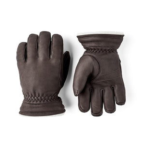 Brown leather gloves with white fleece lining