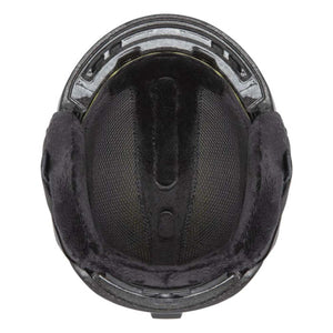 Interior view of a black ski helmet with plush faux fur lining and mesh padding