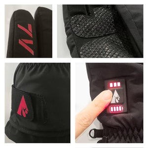 Close up details of black heated gloves showing 7V branding, textured grip, velcro strap, and battery control button