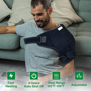 Man wearing a black adjustable shoulder heating pad with fast heating and auto shut off features