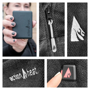 ActionHeat battery pack, zipper detail, logo embroidery, and power button on black fleece fabric