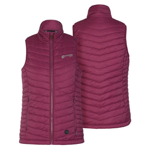 Front and back view of a Venture Heat women's quilted maroon vest with a high collar and zippered pockets