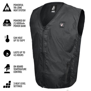 ActionHeat black heated vest with feature icons and text list