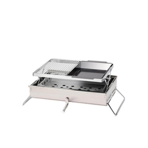 Portable stainless steel camping grill with wire rack and flat griddle plate