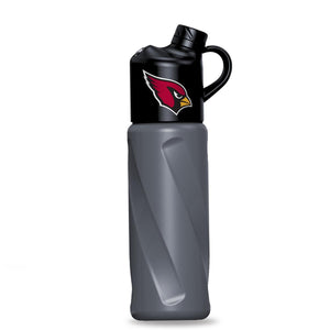Grey water bottle with black lid featuring Arizona Cardinals logo