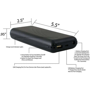 NexGen black portable battery pack with dimensions and labeled charging ports and buttons