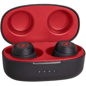 Outdoor Tech wireless earbuds in an open black and red charging case