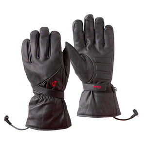 Black leather heated motorcycle gloves with power cables and G4 branding