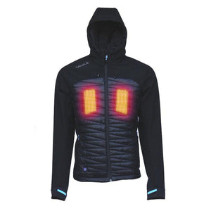 Volt black hooded jacket with two glowing orange heating elements on the chest