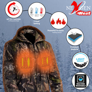 NexGen camo heated hoodie with seven hour battery life three heat settings tri-zone heating and machine washable fabric