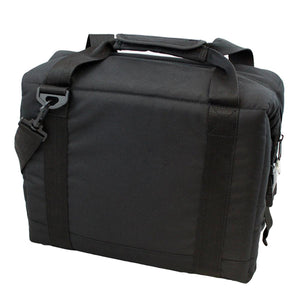 Black rectangular soft cooler bag with top handles and shoulder strap