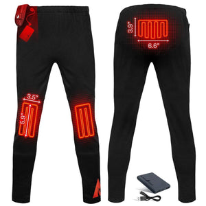 ActionHeat black heated pants showing heating element locations and dimensions with battery pack and charging cable