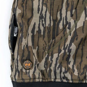 Mobile Warming camouflage hoodie detail with zippered pocket and circular power button
