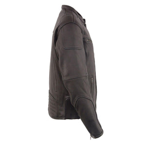 Side view of a black leather motorcycle jacket with zippered pockets and reinforced elbow panels