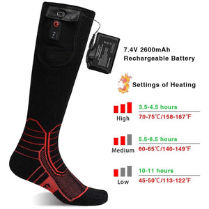 Dr Warm black heated sock with battery pack and heating level chart showing temperature and duration settings