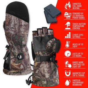 ActionHeat camouflage heated mittens with battery packs and feature list