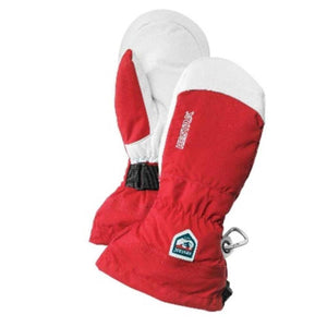 Hestra red and white winter mittens with wrist straps and carabiner