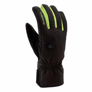 Therm-ic black heated glove with neon green accents and power button on back of hand