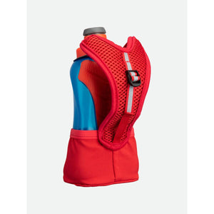 Blue and orange handheld water bottle with a red mesh strap and adjustable buckle