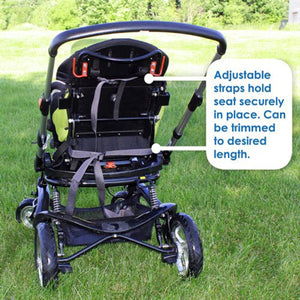 Rear view of stroller showing adjustable seat straps