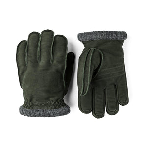 Hestra dark green suede gloves with grey ribbed knit cuffs