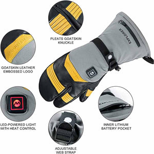 Mounttec heated mitten with goatskin knuckles, battery pocket, adjustable strap, and LED heat control button