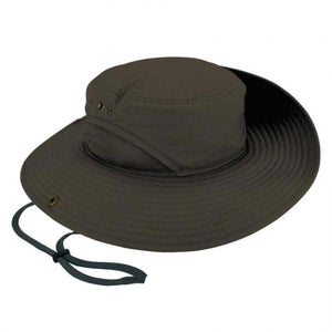 Dark olive green wide brim sun hat with mesh side panels and adjustable chin strap