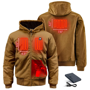 ActionHeat brown hooded jacket showing internal heating element placement and battery pack