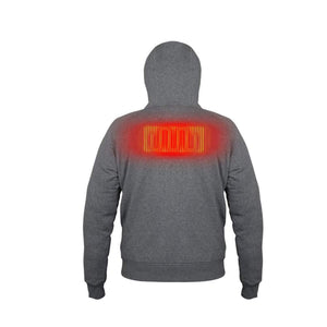 Back view of a grey hooded sweatshirt with a glowing red rectangular heating element graphic on the upper back