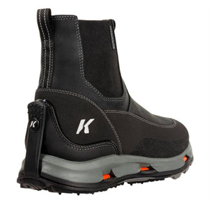 Korkers black waterproof ankle boot with grey midsole and orange accents
