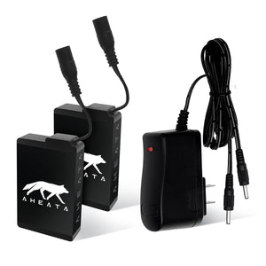 Two Aheata branded rectangular batteries with attached cables and a wall charger with a red indicator light