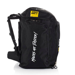 Black Sidas race backpack with shoulder straps and white text on the side