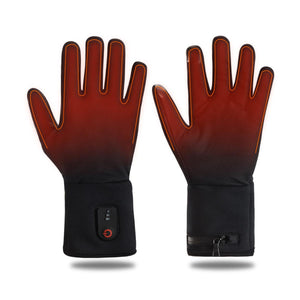 Pair of black heated gloves with power button and battery indicator on the wrist
