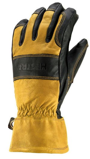 Hestra leather work glove in black and tan with reinforced stitching