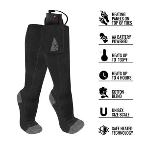 Black battery powered heated socks with feature icons for heating panels, battery type, temperature, and duration